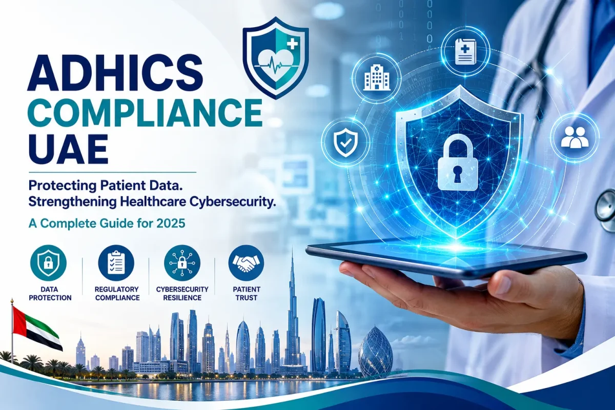 Healthcare cybersecurity concept illustrating ADHICS compliance in the UAE, protecting patient data, healthcare information systems, and digital health records.
